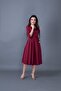 Claret Red Pocket Detailed V-Neck Midi Length Flared Dress - 4