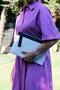 Women's Gray Canvas Etamine Knitted Turquoise Zippered Portfolio Clutch Bag
