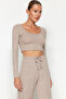 Bej Yumoş Crop ve Wide Leg/Geniş Paça Örme Alt Üst Takım TWOAW23AU00125 - 4