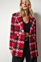 Women's Red Pink Double Breasted Collar Patterned Stylish Woven Jacket WF00056