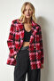 Women's Red Pink Double Breasted Collar Patterned Stylish Woven Jacket WF00056 - 2