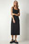 Women's Black Strap Square Collar Corduroy Knitted Dress MC00214 - 3