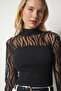 Women's Black Tulle Detailed Ribbed Knitted Blouse HJ00005 - 2