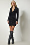 Women's Black Gathered Mini Velvet Dress UB00190 - 3