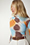 Women's Orange Blue Draped High Collar Sandy Blouse FF00138 - 4