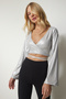 Women's Metallic Gray Tied Shiny Crop Blouse UB00191 - 3