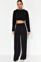 Siyah Cırt Cırt Kapamalı Yüksek Bel Pileli Wide Leg/Geniş Kesim Örme Pantolon TWOAW24PL00177 - 10