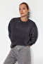 Antrasit Eskitme/Soluk Efektli Kalın İçi Polarlı İnci Detaylı Regular Örme Sweatshirt TWOAW24SW00152 - 4