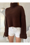 Women's Brown Turtleneck Crop Knitwear Sweater