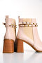 Women's Beige Buckle Detailed Side Elastic Heeled Boots - 5