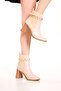 Women's Beige Buckle Detailed Side Elastic Heeled Boots