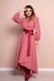 Dried Rose Asymmetric Cut Burgundy Long Sleeve Double Breasted Pattern Dress with Faux Belt Accessories