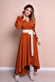 Cinnamon Asymmetrical Cut Cream Faux Belt Accessory Long Sleeve Double Breasted Pattern Dress - 3