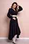 Black Asymmetric Cut Cream Faux Belt Accessory Long Sleeve Double Breasted Pattern Dress - 4