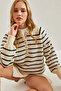 Women's Ecru Navy Blue Collared Knitted Sweater with Dots and Stripes 20223207