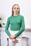 Women's Green Fitted/Body-Fitting Stand Collar Long Sleeve Ribbed Stretchy Knitted Blouse - 3