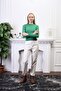 Women's Green Fitted/Body-Fitting Stand Collar Long Sleeve Ribbed Stretchy Knitted Blouse - 6