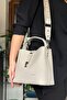 S5 Medium Size - 4 Compartment Women's Shoulder Bag with Embossed Print and Lock Detail 4002 Stone - 4