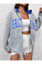 Unisex Gray Melange Color Zippered Cobalt Blue Brooklyn Printed 3 Thread Fleece Cardigan / Jacket - 4