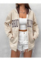 Plus Size Unisex Stone Color Zippered Brown Brooklyn Printed 3 Thread Fleece Cardigan / Jacket - 4