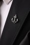 Black Slim Tie Handkerchief & Silver Color Anchor Brooch Men's Gift Set - 3