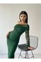 Draped Lined Tulle Fabric Single Sleeve Slim Fit Midi Length Pencil Evening Dress Zumrut 583223 - 3