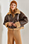 Women's Brown Fur Leather Coat with Side Pockets 40941022 - 3