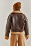 Women's Brown Fur Leather Coat with Side Pockets 40941022 - 2
