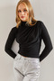 Women's Black Turtleneck Gathered Front Candy Fabric Blouse 40941028 - 5