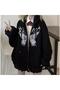 Butterfly Printed Oversize Zippered Black Unisex Hooded Cardigan
