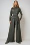 Women's Khaki Mock Neck Blouse with Tie Detail and Double Pocket Pants Set Alc-X14678 - 2