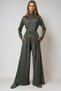 Women's Khaki Mock Neck Blouse with Tie Detail and Double Pocket Pants Set Alc-X14678 - 4
