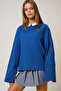 Cobalt Blue High Collar Batwing Sleeve Cuff Slit Wide Cut Blouse Alc-X14434 - 3