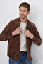 Men's Regular Fit Comfortable Cut Corduroy Look Buttoned Collar Pocketed Dark Brown Jacket Shirt - 4