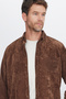 Men's Regular Fit Comfortable Cut Corduroy Look Buttoned Collar Pocketed Dark Brown Jacket Shirt