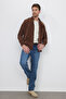 Men's Regular Fit Comfortable Cut Corduroy Look Buttoned Collar Pocketed Dark Brown Jacket Shirt - 2