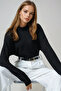 Black Stand Collar Bat Sleeve Wrap Blouse Alc-X14674
