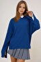 Cobalt Blue High Collar Batwing Sleeve Cuff Slit Wide Cut Blouse Alc-X14434