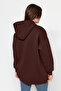 Kahverengi Nakış Detaylı Oversize/Bol Kesim Örme Büyük Beden Sweatshirt TBBAW24AO00018 - 4