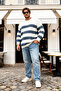 Indigo Regular/Normal Cut Striped Large Size Sweater Tmnaw26An00000