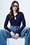 Women's Navy Blue Crew Neck Drop Neckline Ottoban Blouse Alc-X14343