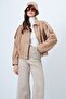 Beige Shoulder Padded Lined Faux Suede Bomber Jacket Alc-X14526 - 2