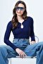Women's Navy Blue Crew Neck Drop Neckline Ottoban Blouse Alc-X14343 - 3