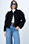 Black Shoulder Epaulettes Lined Faux Suede Bomber Jacket Alc-X14526 - 3