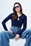 Women's Navy Blue Crew Neck Drop Neckline Ottoban Blouse Alc-X14343 - 2
