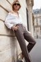 Anthracite Straight/Straight Cut High Waist Rib Stitching Woven Pants Twoss21Pl0093