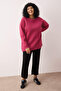 Fuşya Kalın İçi Polarlı Yırtmaçlı Oversize/Bol Kesim Örme Büyük Beden Sweatshirt TBBAW24AO00003