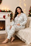 Ekru %100 Pamuklu Çiçekli Biyeli Yılbaşı Temalı Örme Büyük Beden Pijama Takımı TBBAW26AI00015