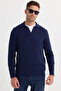 Men's Standard Fit Regular Cut Cotton Polo V-Neck Navy Blue Sweater