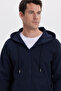 Men's Relax Fit Comfortable Cut Cotton Full Zipper Navy Blue Sweatshirt with Kangaroo Pocket Backpack - 2